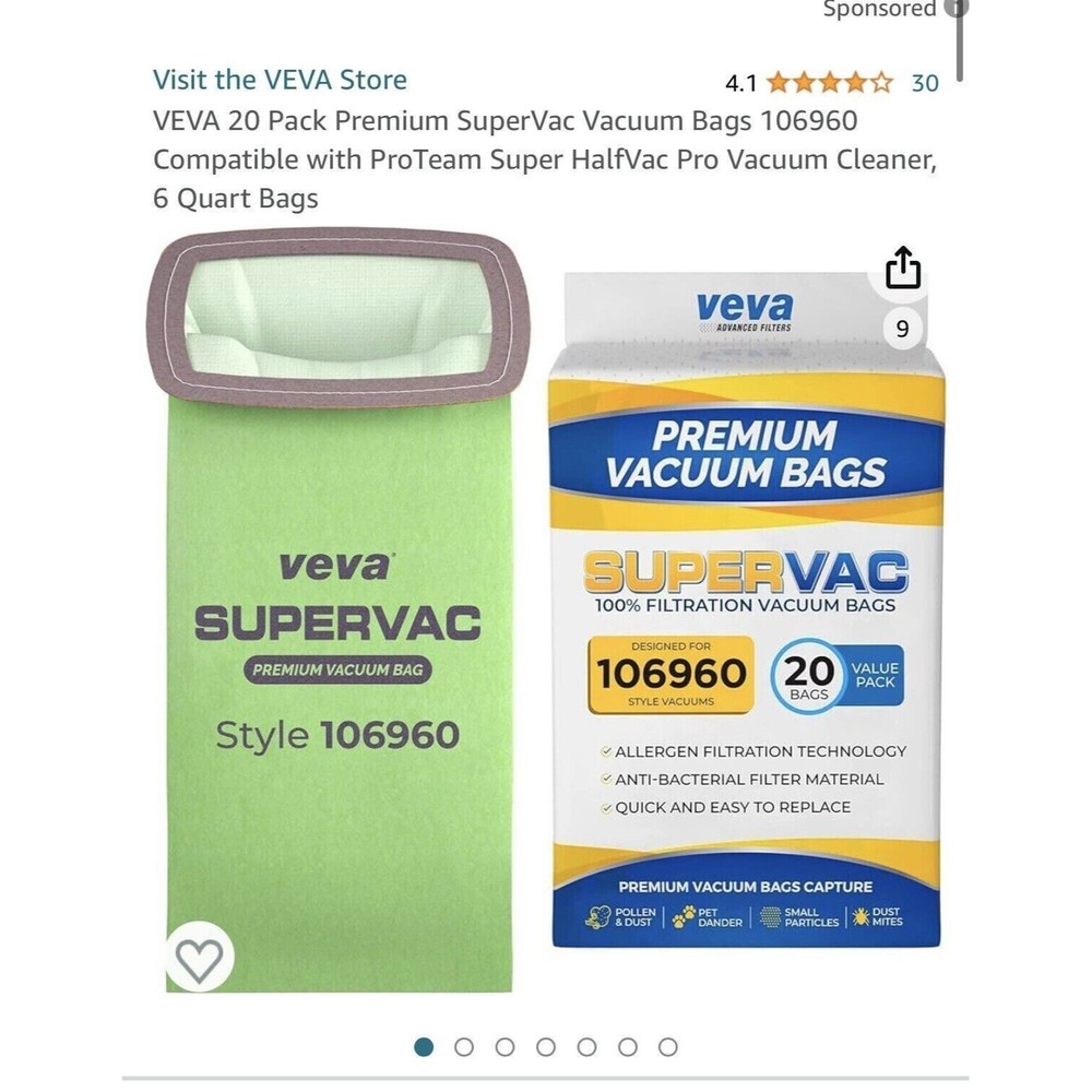 VEVA 20 Pack Premium SuperVac Vacuum Bags 106960 Compatible with ProTeam Super